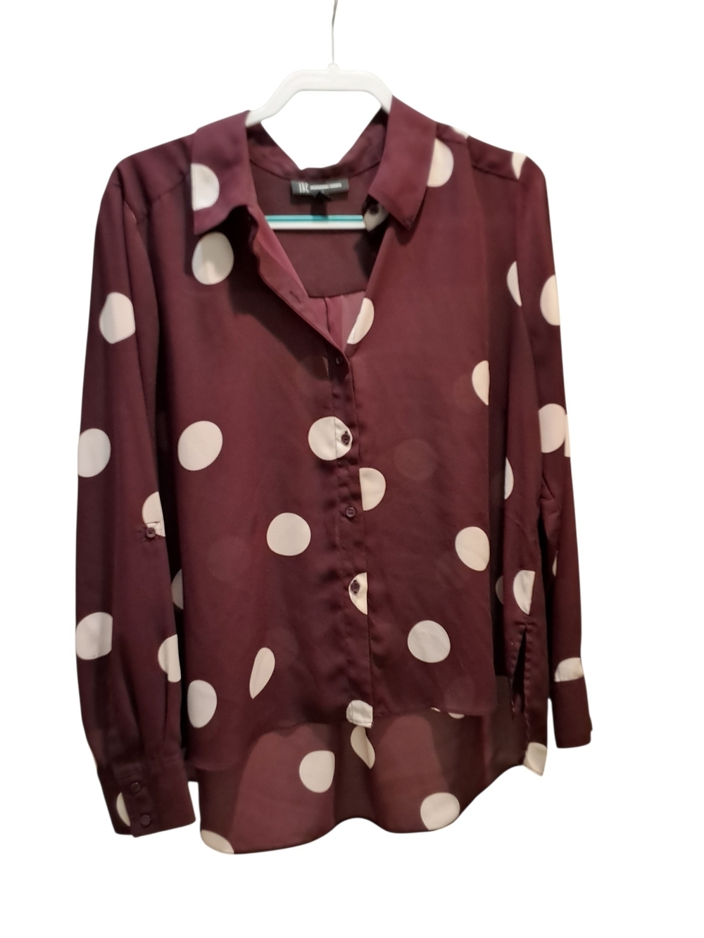 INC International Concepts Burgundy and Cream Polka Dot Blouse